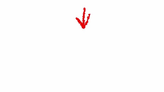 Red doodle arrow hand drawn downward pointing direction sketch, 4k animation video