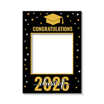 Class of 2026 photo booth frame isolated on white. Graduation party photobooth props. Grad celebration selfie frame.  Vector template.