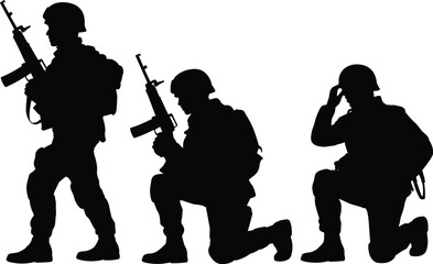 Naklejka premium Soldier silhouettes illustration set, military personnel vector artwork, armed forces design graphics, combat icons collection, defense readiness symbol