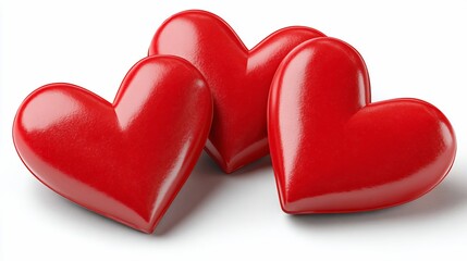 Fototapeta premium Three vibrant, glossy red hearts on a white background, suggesting romance and affection