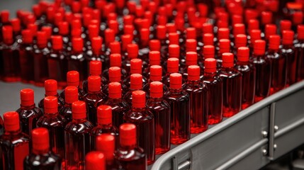 Fototapeta premium Bottles filled with red liquid on a production line in industrial setting