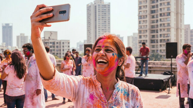 Colorful celebration of Holi festival with joyful woman taking selfie surrounded by friends. Holi festivities feature vibrant colors and playful atmosphere with smiling faces and laughter.