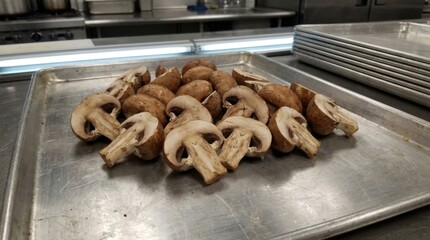 Freshly Halved Cremini Mushrooms Ready for Culinary Preparation on a Stainless Steel Tray