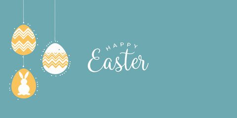 A cheerful easter greeting card with eggs bunny and festive text © Achinta