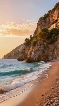 Realistic coastal cliffs and beach at sunset
