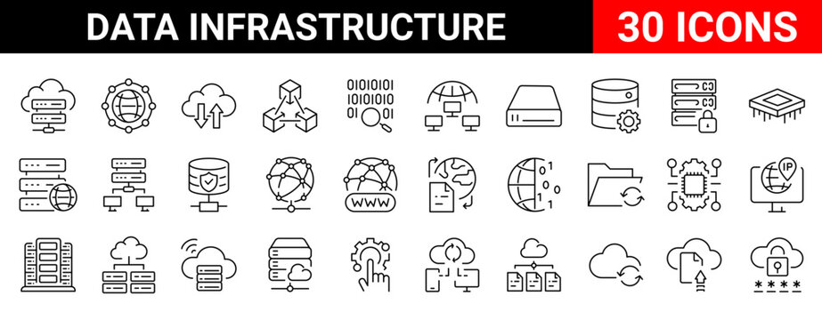 Data infrastructure line icons set focused on cloud computing, system performance, scalability and reliability. editable stroke, cloud services, dashboards