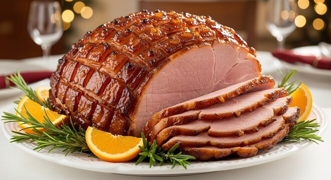 Delicious Glazed Ham Sliced and Garnished with Rosemary on a Festive Dinner Table