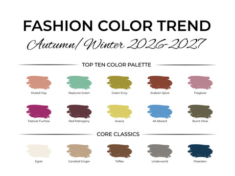 Fashion Color Trend Autumn - Winter 2026 - 2027. Trendy colors palette guide. Fabric swatches with color names. Easy to edit vector template for your creative designs.