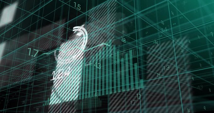 Financial data and bar chart analysis animation over grid background