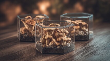 Gourmet Marinated Mushrooms in Hexagonal Glass Jars, Culinary Ingredients for Fine Dining