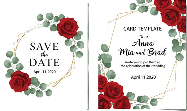 Romantic Save the Date Wedding Card with Red Roses and Eucalyptus, Elegant Invitation for Anna and Brad