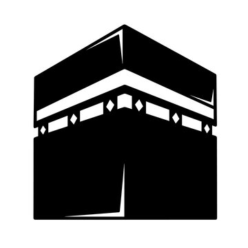 Kaaba Illustration Pilgrim Destination: Sacred Islamic Landmark for Spiritual Pilgrimage to Mecca Saudi Arabia, Representing Muslim Faith & Religious Travel in Minimalist Black and White Style Design,