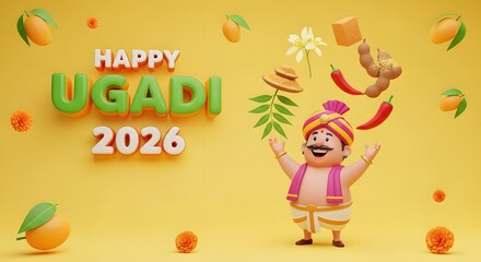 Obraz premium Happy ugadi 2026 celebration with traditional elements and cartoon character
