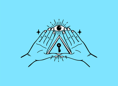 Mystical Esoteric Hand with All-Seeing Eye and Magic Key Vector Illustration