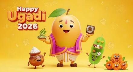Happy ugadi 2026 celebration with cute cartoon mango character and friends