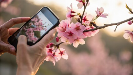 A person photographing pink cherry blossoms with a smartphone against a softly blurred natural background.