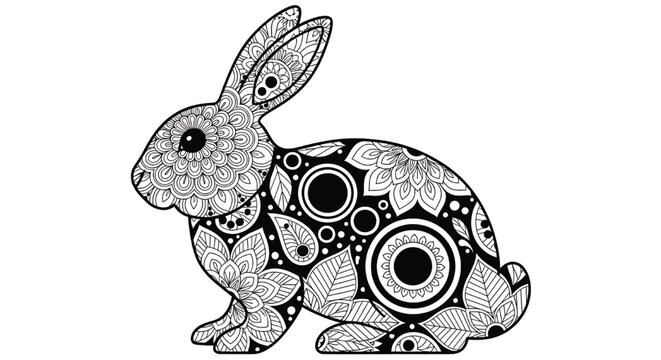 Rabbit zentangle illustration with intricate floral mandala patterns, black and white line art for coloring book design