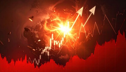 Abstract abnormal stock pump background, explosive upward candlestick made of light, surrounded by broken red charts, dramatic energy burst, dark financial environment, high contrast, 3D digital art