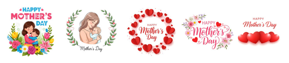 Collection of happy mother's day graphic designs with floral and heart elements.