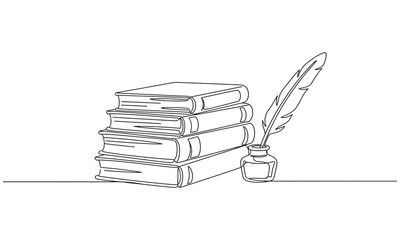 One continuous line drawing of stack of books, ink and quill pen. Old antique writing equipment for writer or student concept