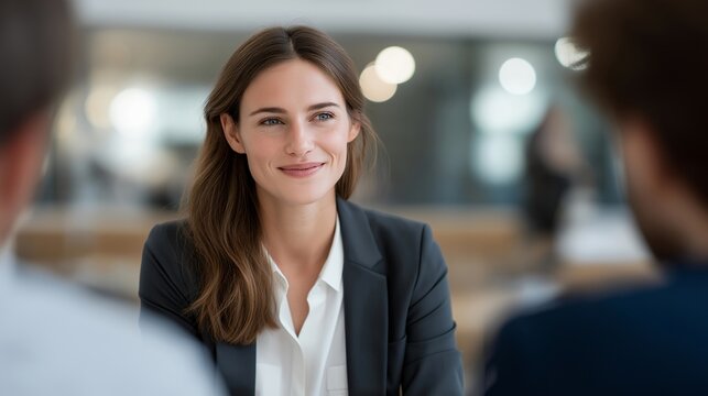 Job interview concept with nervous candidate sitting across from panel of interviewers in a modern office, ideal for career development, employment challenge, professional milestone, job market,