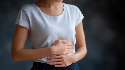 Gut brain connection concept with woman holding abdomen and head simultaneously showing digestive and mental link, perfect for microbiome health, gut health awareness, holistic wellness, modern