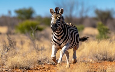 Fototapeta premium Vibrant Zebra Running Across Sunny Savanna Under Midday Sun