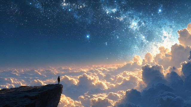 Silhouette standing on cliff edge looking at galaxy and clouds