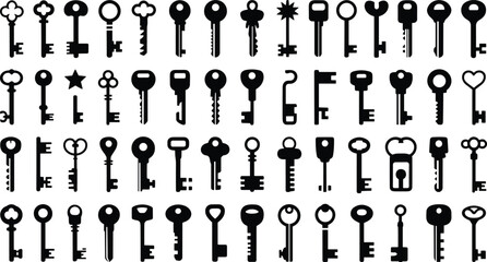 Black key silhouettes collection, vintage skeleton keys, modern house keys, ornate decorative keys, novelty shapes, security design inspiration illustration ©  Miller