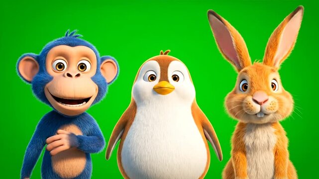Cartoon characters monkey penguin rabbit on green background illustration