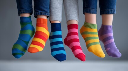 Fototapeta premium World Down Syndrome Day concept with colorful mismatched socks symbol and children with Down syndrome celebrating, perfect for March awareness day, disability inclusion, Down syndrome support,