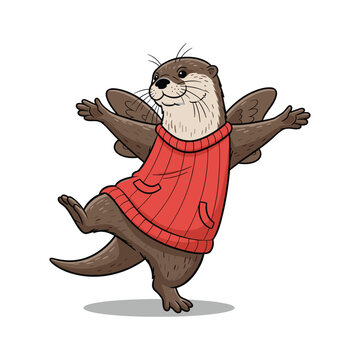 Happy otter dancing in a red sweater with joyful expression