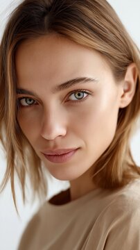 Zartes Portr&auml;t einer jungen Frau mit nat&uuml;rlichem Make-up, weichen Haaren und direktem freundlichem Blick auf neutralem wei&szlig;em Hintergrund