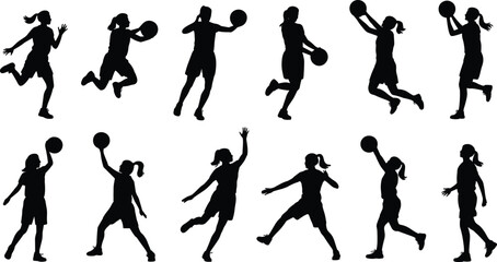 Female basketball silhouettes, sports illustration, athletic poses, dribbling action, shooting motion, passing skills, jumping energy, black icons, dynamic sports art ©  Miller