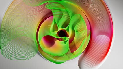 3d render of abstract art of surreal circles, ropes on a curve, wavy organic lines, forms in a deformation transformation process in purple and white, and blue gradient color