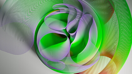 3d render of abstract art of surreal circles, ropes on a curve, wavy organic lines, forms in a deformation transformation process in purple and white, and blue gradient color