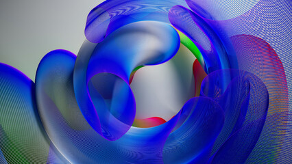 3d render of abstract art of surreal circles, ropes on a curve, wavy organic lines, forms in a deformation transformation process in purple and white, and blue gradient color