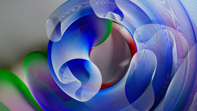 3d render of abstract art of surreal circles, ropes on a curve, wavy organic lines, forms in a deformation transformation process in purple and white, and blue gradient color