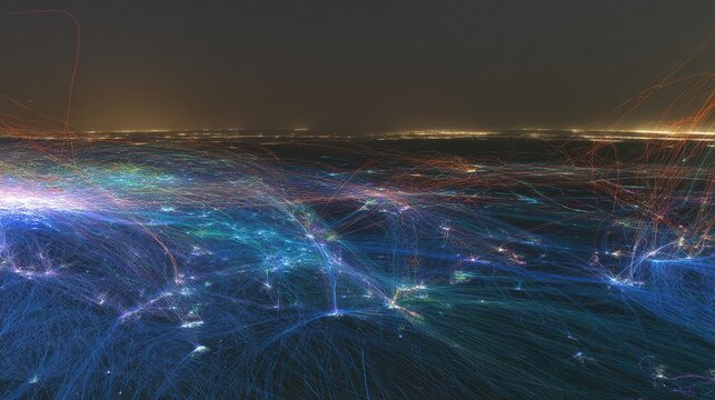 Ethereal neutrino trails painting fractal illuminations across the night sky.