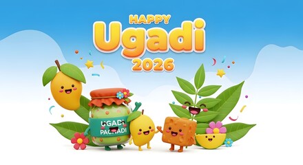 Fototapeta premium Happy ugadi 2026 celebration with cute cartoon mangoes and festive elements