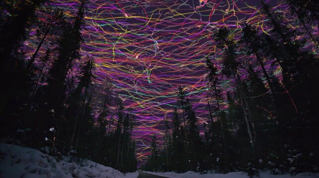 Ethereal neutrino trails painting fractal illuminations across the night sky.