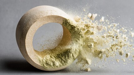 Wooden object fracturing with green powder explosion, dynamic movement and abstract composition