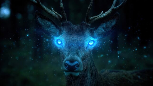 Deer with glowing blue eyes in forest fantasy magic digital art concept