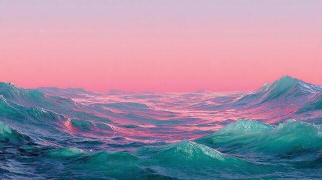 A serene ocean view at sunset with vibrant colors of pink and teal, creating a tranquil vibe