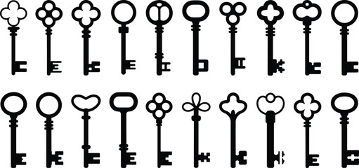 Vintage keys, antique silhouettes, ornate design, decorative icons, heart shapes, clover patterns, circle bows, black illustration, locksmith inspiration ©  Miller