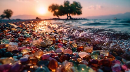Obraz premium Close-up of colorful beach glass with waves at sunset and silhouetted trees