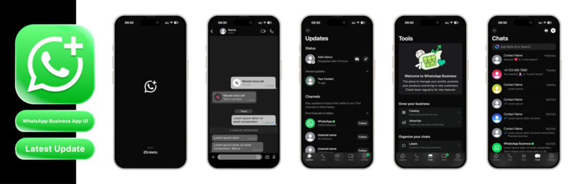 WhatsApp Business 2025 UI template with iOS liquid glass notifications on iPhone 17, featuring chat, contacts, and message screens, editable vector design, modern mobile interface.