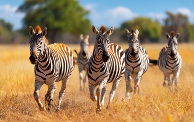 Fototapeta premium Zebras Running Across a Sunny Savanna Under Midday Sunlight