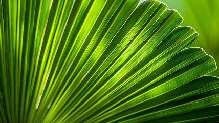 Vibrant green palm frond with detailed linear patterns and tropical sun lighting, ideal for nature and travel lifestyle.