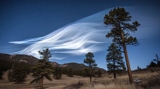 Ethereal neutrino trails painting fractal illuminations across the night sky.